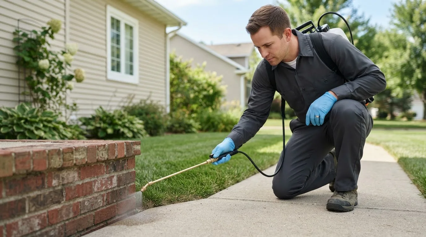 Pest control technician treating a home near La Plata, MD